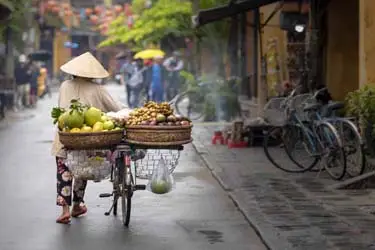Street vendor pushing a bicycle laden with fruit through a narrow lane in Vietnam, wearing a traditional conical hat amid everyday local street life.