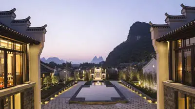 Elegant courtyard at Banyan Tree Yangshuo, a luxury resort set amid Yangshuo’s iconic karst mountains