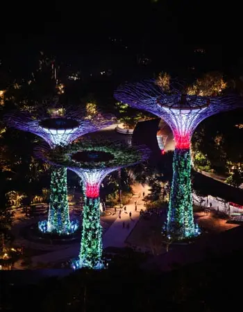 Supertree Grove light show at Gardens by the Bay in Singapore, featuring illuminated futuristic tree structures glowing against the night skyline