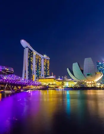 Marina Bay Sands and the ArtScience Museum illuminated at night in Singapore, reflecting vibrant city lights across the waterfront skyline.