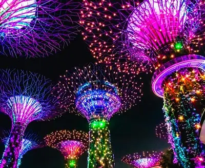 Supertree Grove illuminated at night in Gardens by the Bay, Singapore, featuring vibrant light displays and futuristic tree-like structures