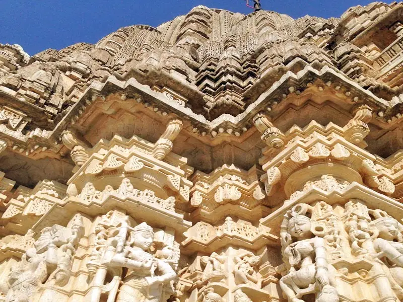 Intricate stone carvings and ornate temple architecture at Jagdish Temple in Udaipur, showcasing detailed Hindu sculptures and traditional Mewar craftsmanship.