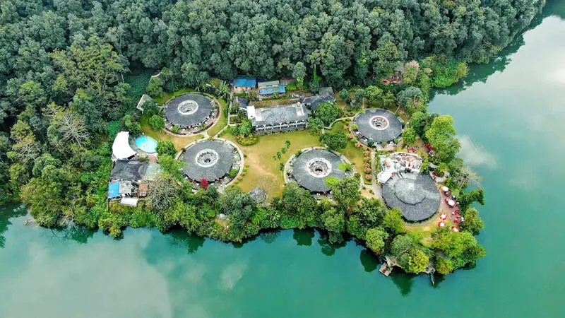 Aerial view of Fish Tail Lodge, Pokhara Lakeside accommodation