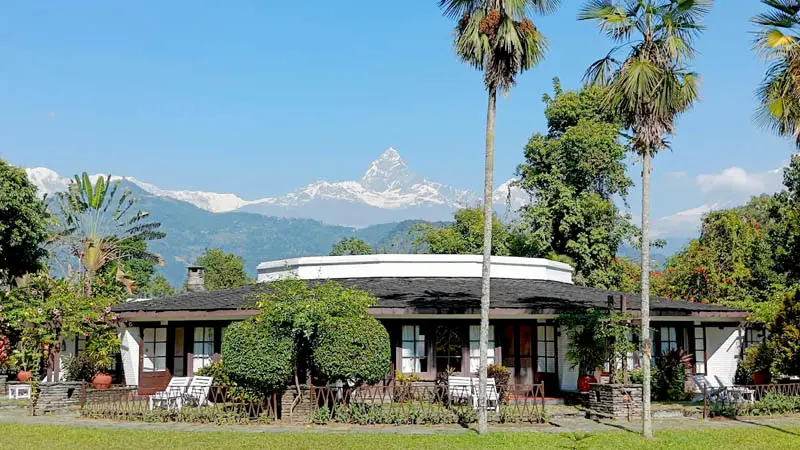Front view of Fish Tail Lodge with the Annapurna range in the background, Pokhara Lakeside accommodation