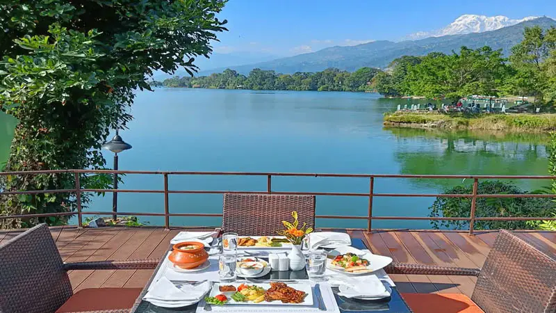 Dining with view of lake Phewa, Fish Tail Lodge, Pokhara Lakeside accommodation