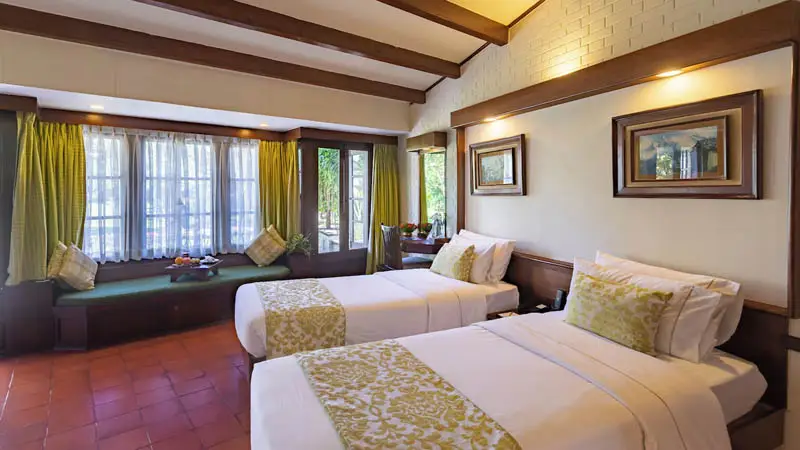 Twin-sized deluxe room at the Fish Tail Lodge in Pokhara