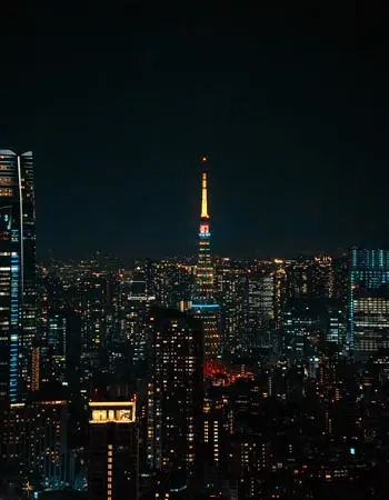 Night view of Tokyo Tower surrounded by the city’s illuminated skyline