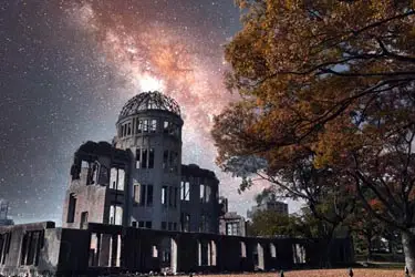 Hiroshima Peace Memorial (Atomic Bomb Dome) illuminated beneath the night sky