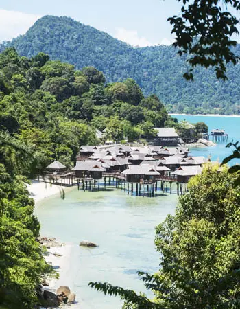 Aerial view of Sea Villas at Pangkor Laut Resort on a sunny day