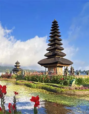 Ulun Danu Beratan Temple in Bali, Indonesia, featuring a multi-tiered meru tower reflected on Lake Beratan amid scenic mountain surroundings.