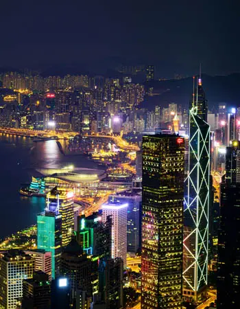 Hong Kong skyline at night from Victoria Peak, featuring illuminated skyscrapers and Victoria Harbour in one of Asia’s most iconic cityscapes.