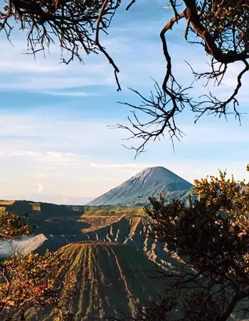 Mount Bromo and Mount Semeru viewed from the Tengger highlands in East Java, Indonesia, showcasing dramatic volcanic landscapes within Bromo Tengger Semeru National Park.