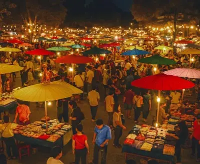 Chiang Mai Night Market in Thailand bustling with colorful umbrellas, street vendors, and shoppers browsing local crafts and street food under glowing lantern lights.