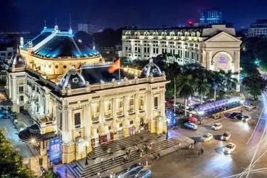 Hanoi Opera House illuminated at night, a striking example of French colonial architecture and a cultural centerpiece in Vietnam’s historic capital.