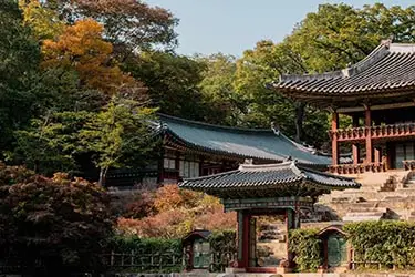 Historic pavilions and traditional palace buildings surrounded by autumn foliage at Changdeokgung Palace in Seoul, South Korea, a UNESCO World Heritage royal complex.