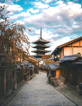 Traditional street in Kyoto’s Higashiyama district leading toward the five-story Yasaka Pagoda (Hōkan-ji Temple), lined with wooden buildings under a partly cloudy sky.