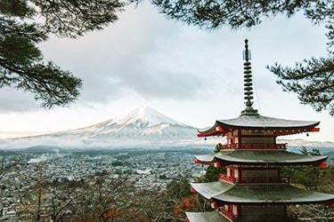 Chureito Pagoda overlooking a sprawling town with Mount Fuji rising in the background, framed by tree branches under a cloudy sky.