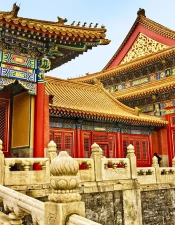 Chin_350-450_Beijing_Forbidden_City Ornate imperial architecture inside the Forbidden City in Beijing, China, featuring red palace walls, golden roofs, and intricate carvings within the UNESCO World Heritage imperial complex.