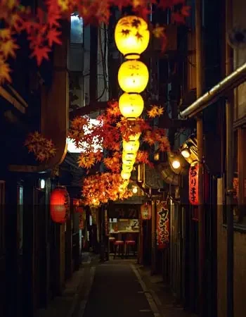 Japan_350-450_Kyoto-Night-Alley1 Lantern-lit alleyway at night with autumn leaves and izakaya signs in an urban Japanese neighborhood.